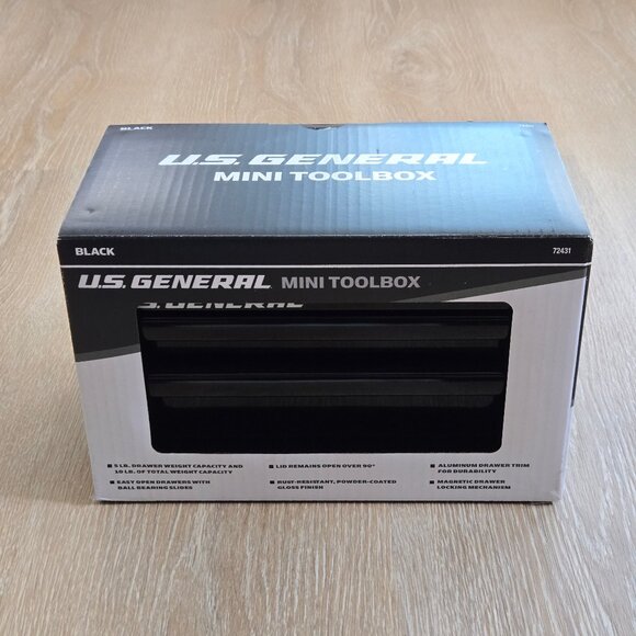 US General Black Mini Tool Box 2 Drawers Top Compartment New Sealed in Box - Picture 1 of 14